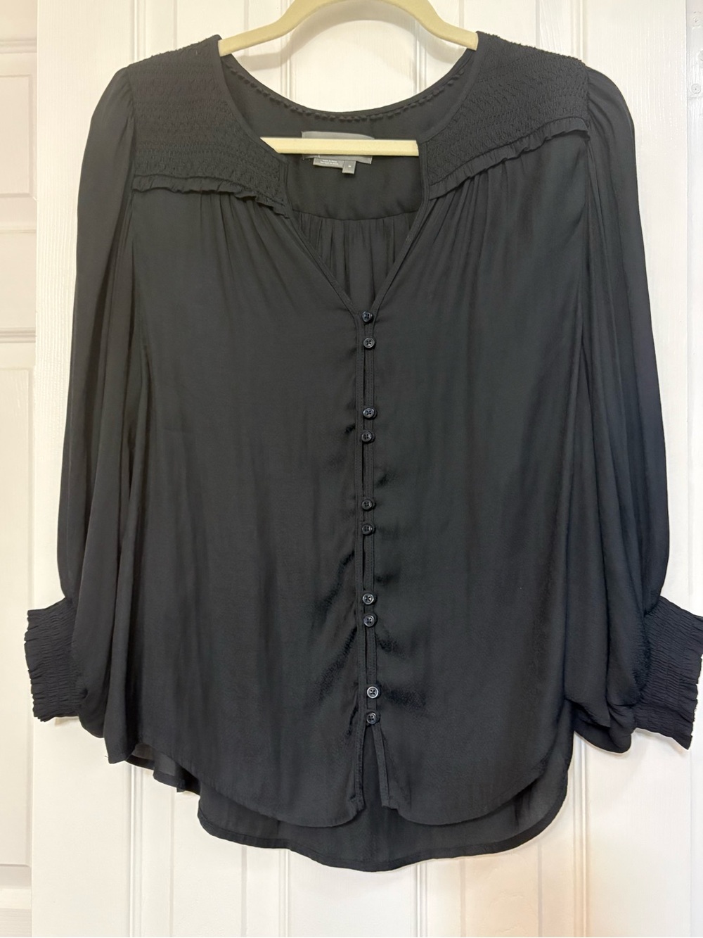 Anthropologie Cacee Jacquard Black Button Front Smocked Yoke Blouse Peasant Sz M